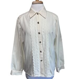 Vtg Lauren Lee Women's 14 Ivory Polyester Satin Embroidered Button Down Blouse